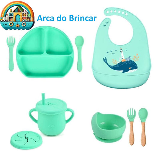 Kit 8 Pçs, Conjunto De Refeição Em Silicone Para Bebê, Prato com Ventosa, 100% Silicone, Babador Com Estampa